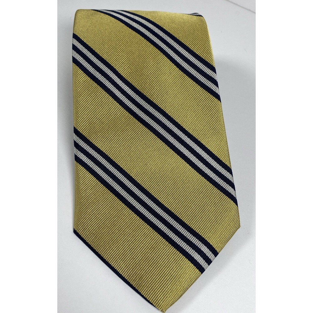 Brooks Brothers Mens Silk Tie Gold Blue Stripe XL Hand Made USA 62x4